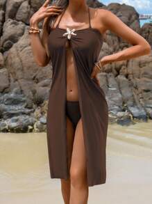 Swim Chiccia 海星装饰高开衩罩衫套装，度假和海滩 - 咖啡棕 - 查看 3