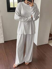 DAZY Simple Solid Color Knit Women Lounge Set, Fall Winter Clothes, Cozy Outfits - Grey - View 3
