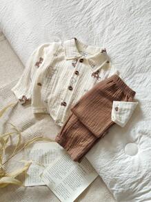 SHEIN Vintaside Kids 男宝宝休闲卡通熊印花polo领开衫上衣和裤子套装，适合外出、居家和日常穿着，春秋季 - 彩色 - 查看 4