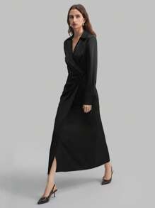 Ontre 2025 秋季新款女士立领长袖收腰 V 领修身休闲通勤连衣裙，商务中长连衣裙，适合海滩、度假、毕业典礼、办公室、海滩度假、茶会、商务休闲 - 黑色 - 查看 5