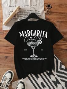 Attitoon Áo thun nữ tay ngắn cổ tròn dáng rộng họa tiết ly cocktail, phù hợp cho mùa hè - màu đen - Xem 8