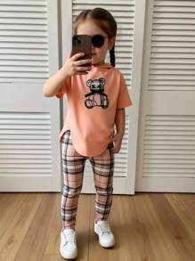 SHEIN Young Girl Daily Street Fashion Knitted Short Sleeve T-Shirt And Shorts Set Plaid Young Girls Sets - Dusty Pink - View 1