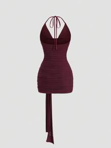 Sweetra Halloween Women's Halter Y2K Sexy Ruched Metal Buckle Dress - Burgundy - View 2