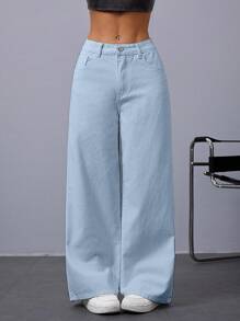 Jeanoix Solid Wide Leg Jeans - Light Wash - View 8