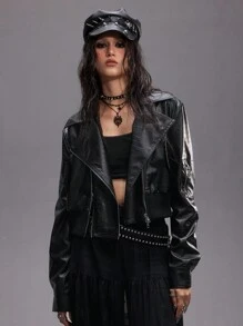 ROMWE EDITION Zipper Decor Deconstructed Hollow-Out PU Leather High Waist Super Short Motorcycle Jacket For Women - Black - View 10