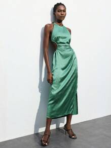 Maija Women's Green Ruched Design Dress, Versatile Elegant Urban Fashion, Comfortable Fitted Halter Backless Casual Business Party Music Concert Cruise Outfit Elegant And Intellectual Female Wedding Guest Dress Outfit And Beautiful French Slouchy High-End Sense Of Intelligence And Elegance Old Money Style Cruise Clothing Vacation Wear Green Satin Dress Sage Green Dress Side Cut Out Dress Cut Out Dress Green Dress,Autumn Outfits For Women, Christmas Women's Clothing