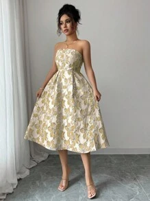 Elenzga 女士优雅提花无袖中长连衣裙，夏季 - 淡黃色 - 查看 5