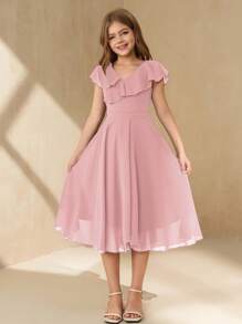 SHEIN Tween Girl Elegant Minimalist Fashion V-Neck Ruffle Collar Sleeveless High Waist Mid-Length Solid Color Chiffon Fabric Pink Dress, Summer Tween Girl Graduation Ceremony Wedding Flower Girl Dress - Pink - View 4