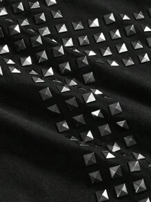 ROMWE Spring/Summer Graphic Black Plus Size Grunge Punk Inspired Asymmetric Shoulder Loose Black & Grey Retro Striped T-Shirt, Plus Size - Black - View 4