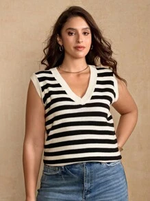 Flirla Áo vest dệt kim kẻ sọc kiểu Pháp cỡ lớn cho nữ, áo ba lỗ chui đầu không tay mới, trang phục đi làm thường ngày đa năng, phong cách sang trọng - Nhiều màu - Xem 7