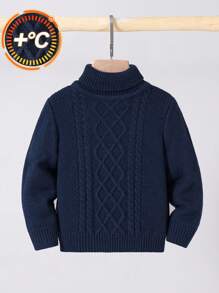 SHEIN 男童秋冬可爱宝蓝色百搭简约超细高领毛衣，可爱、学院风、基础款，适合通勤上学、日常休闲穿着。条纹高领套头长袖针织衫，超级舒适百搭，保暖内衬，适合返校、校服穿着，也适合幼儿园、生日派对、晚宴、演出、婚礼等场合。 - 寶藍色 - 查看 3