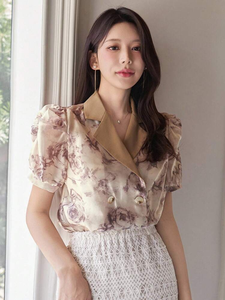 Women's Elegant Floral Print Puff Sleeve Blouse, Summer Graphic Tee