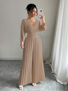 Selianne 女士纯色斜襟V领蝙蝠袖褶皱阔腿优雅连体裤