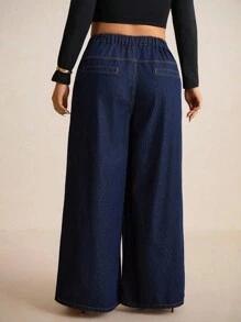 Elaquor Calça Denim Azul Marinho Cintura Alta Perna Larga Elegante Roupas Femininas Confortáveis Cintura Elástica Roupas Femininas de Outono