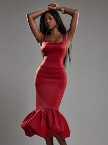 NYA SZN 露背深V修身泡泡裙，适合特殊场合、约会、婚礼宾客、伴娘伴娘团，春夏中长款女装