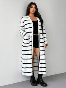 SHEIN EZwear 大码女式条纹落肩长袖双口袋休闲长夹克，秋冬 - 米色 - 查看 6