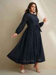Anewsta Plus Size Women Long Dress With Rhinestone Decor, Elegant And Versatile Formal Dress