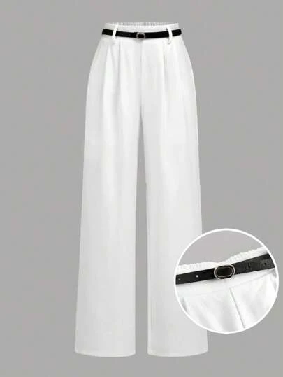 SHEIN Girlism White Long Straight-Leg Pants For Teens With Belted High Waist White Pants For Girls White Wide Leg Pants High Waisted Pants Pleated Pants Pants With Belt Fall Winter