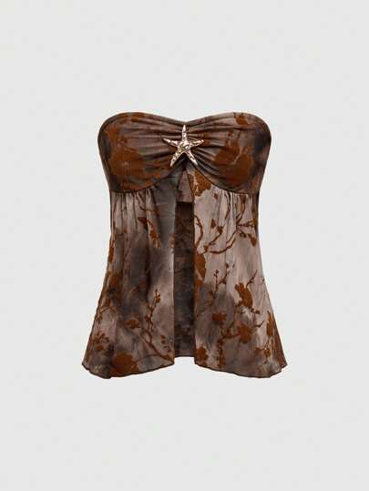 Top camisola corto con escote en V, decoración de estrella de mar de metal, estilo Y2K sexy para vacaciones para mujeres de talla grande