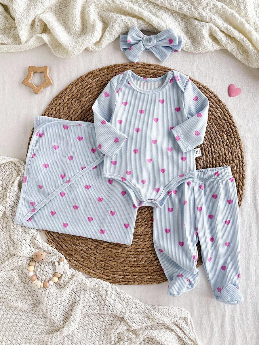 4pcs Newborn Soft Comfortable Blue Textured Fabric Cute Heart Print Long Sleeve Romper, Pants, Headband & Swaddle Blanket Set, Baby Clothing