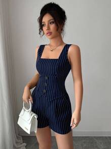Chiquease 夏季休闲通勤条纹背心和短裤两件套 - 藏蓝色 - 查看 5