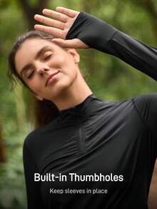 SHEIN In My Nature Áo thun thể thao dài tay màu trơn thường ngày dành cho nữ - màu đen - Xem 6