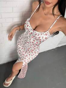 SHEIN EZwear 女式休闲红色碎花侧开衩下摆细肩带连衣裙 - 紅色 - 查看 6