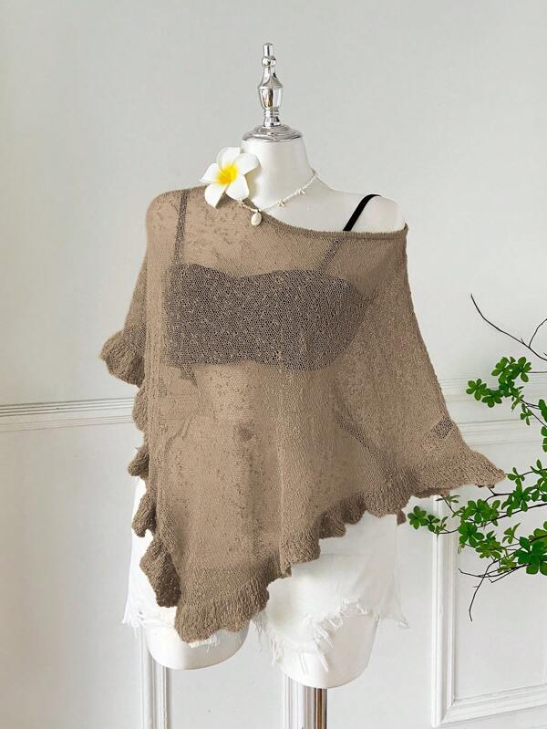 Comfortcana Plus Size Women's Brown Ruffled Hem Semi-Sheer Casual Crochet Poncho, Suitable For Summer And Autumn Outings And Dates