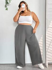 SHEIN CURVE+ 大码休闲纯色阔腿裤 - 灰色 - 查看 6