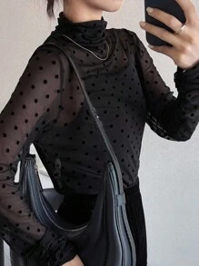 FRIFUL Women's Thin Transparent Turtleneck Polka Dot Flocked Fitted Solid Color Casual Autumn Wear Top Long Sleeve Women Tops,Fall Women Clothes