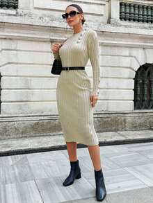RueChic Button Detail Ribbed Knit Sweater Dress Without Belt - Beige - View 4