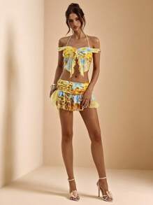 SHEIN BAE 1 Set Solid Color Floral & Leopard Print Off Shoulder Twist Neck Ruffle Top & Low Waist Ruffle Hem Skirt, Beach Resort Summer Sunshine Vacation 2 Pieces Set, Lovely Dress