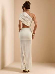 SHEIN BAE Vestido largo de malla elegante con un hombro, en color albaricoque, sin mangas, con espalda descubierta y decoración metálica, para vacaciones en la playa, primavera/verano