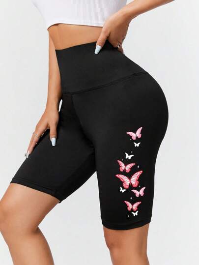 SHEIN EZwear Casual Butterfly Pattern Knit Skinny Women's Short Leggings, Suitable For Summer Suitable For Going Out Women's Sportswear