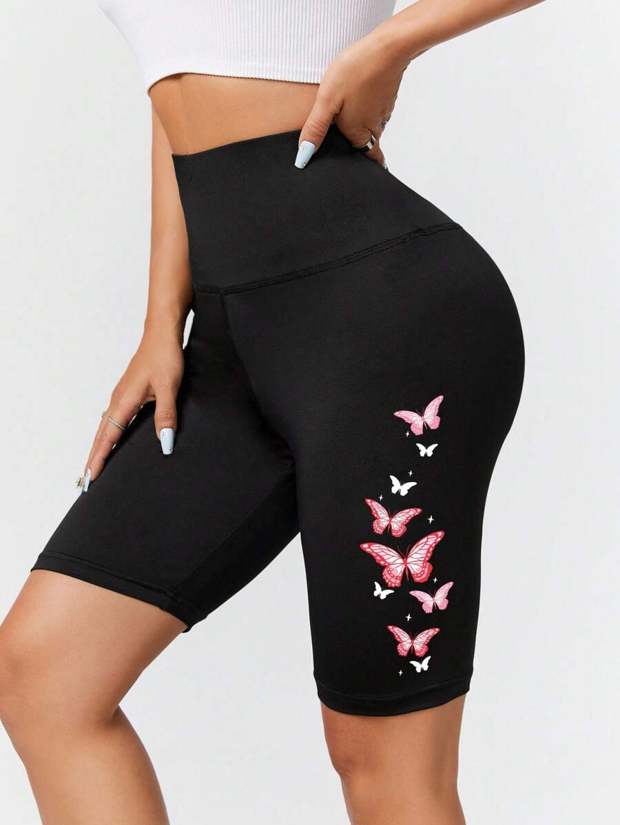 SHEIN EZwear 休闲蝴蝶图案针织紧身女式短款打底裤,适合夏季 - 黑色 - 查看 1