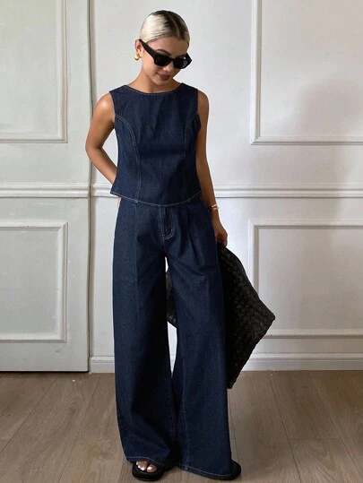 Livesso 女士休闲商务无袖上衣和牛仔裤套装，全新秋季系列