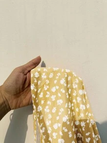 Sunnyshic 夏季碎花 V 领细肩带高腰 A 字形连衣裙长款女装 - 淡黃色 - 查看 7