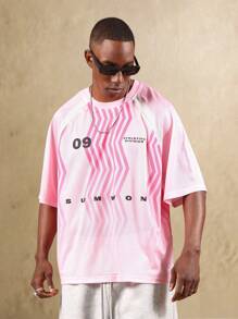 SUMWON Retro Athletics Division Mesh Jersey Streetwear T-Shirt With Wave Pattern Varsity Number Graphics Summer Collection Casual - Pink - View 6