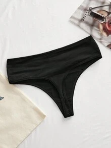 SHEIN Women High Waisted Black Fabric Thong Panties With High Stretch For Casual Comfy Wear - Black - View 6