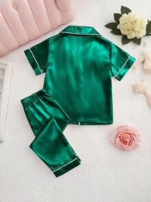 2 件套女婴休闲纯色短袖上衣和裤子舒适家居服套装，春夏 - 綠色 - 查看 2