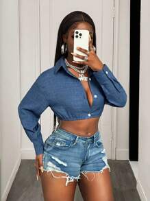 BamGleam 休闲时尚百搭牛仔效果性感长袖短款衬衫