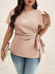 SHEIN Clasi Áo cánh dơi cổ tròn tay ngắn màu trơn cỡ lớn cho nữ, thắt nơ thanh lịch - Rượu sâm banh - Xem 3