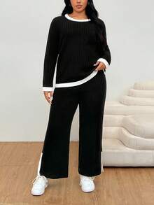 SHEIN EZwear Ensemble deux pièces en tricot ample et décontracté,Topt à manches longues et pantalon large. Ensemble deux pièces confortable en tricot côtelé pour femmes, tenue automne-hiver - Noir - Voir 3