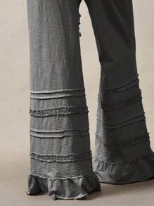 Bohemela 波西米亚风格纯色高腰喇叭腿针织裤，春夏 - 灰色 - 查看 8