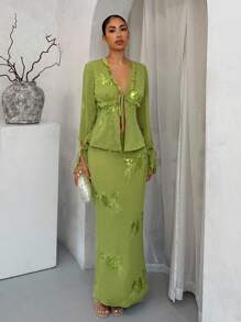 SHEIN SXY 女士绿色亮片刺绣开衩下摆时尚半身裙，适合婚礼宾客、秋季外出度假、波西米亚风性感狂欢音乐会半身裙、约会之夜、俱乐部、伊比沙岛、度假 - 綠色 - 查看 4