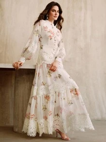 Anewsta 女式优雅花卉印花拼接蕾丝边长袖喇叭下摆连衣裙 - 杏色 - 查看 7