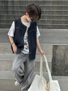 Dazy Kids Chaleco sin mangas de mezclilla para niño preadolescente, otoño - Azul lavado oscuro - Ver 7