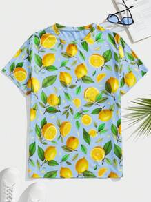 Manfinity VCAY Men's Casual Knit Lemon Print Fitted Raglan Short Sleeve T-Shirt Lemon Shirt Men Lemon Print Shirt Summer Shirt Men Tropical Shirt Men Men Summer Clothes - Multicolor - View 1