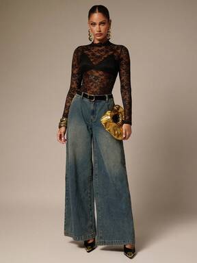 Silquee Body sexy transparent à manches longues avec col montant et motif floral en dentelle pour femmes