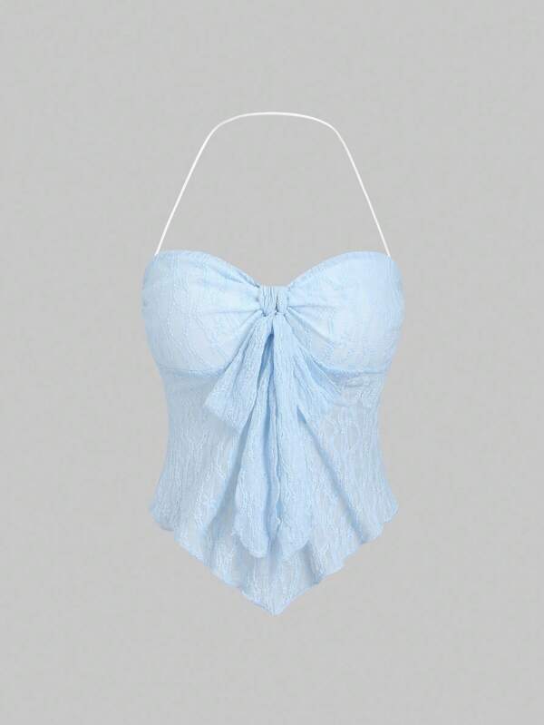 Sweetra Women's Summer Solid Front Tie Halter Neck Crop Top Y2K